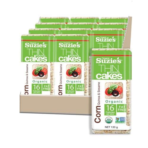 Suzie&#39;s Organic Rice Cakes Thins|12 Pack|Corn Quinoa &amp; Sesame|USDA Organic, NON-GMO, Fat-Free, Sugar-Free, Gluten-Free|Low-Calorie Snack-16 Calories Per Slice|Bread &amp; Cracker Replacement