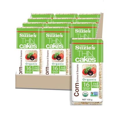 Suzie&#39;s Organic Rice Cakes Thins|12 Pack|Corn Quinoa &amp; Sesame|USDA Organic, NON-GMO, Fat-Free, Sugar-Free, Gluten-Free|Low-Calorie Snack-16 Calories Per Slice|Bread &amp; Cracker Replacement