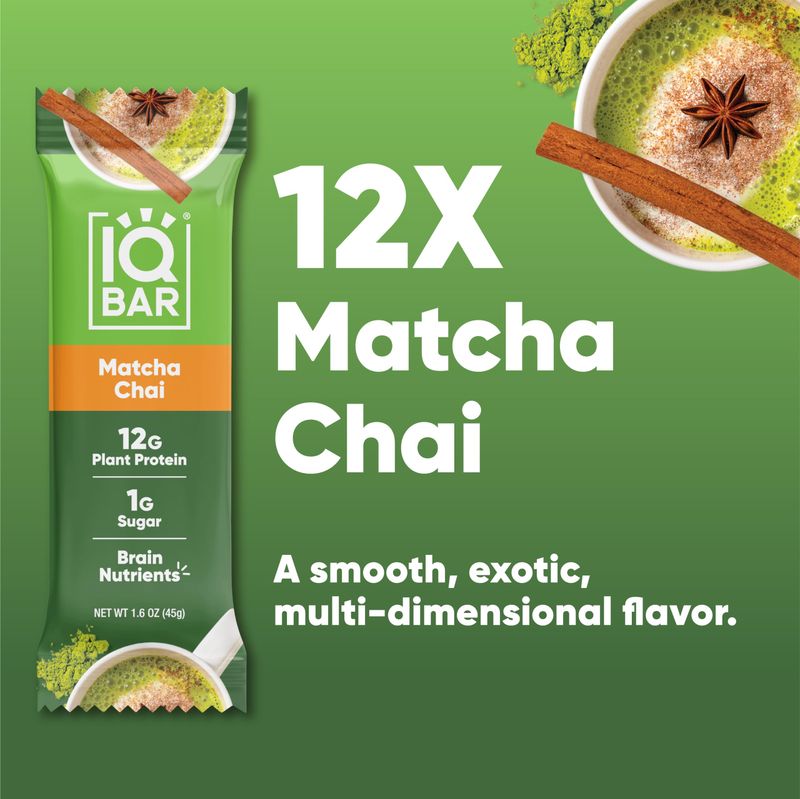 IQBAR Brain and Body Plant Protein Bars - Matcha Chai - 12 Count, Low Carb, High Fiber, Gluten Free, Healthy Vegan Snacks - Low Sugar Keto Bar Pack