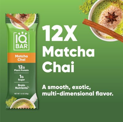 IQBAR Brain and Body Plant Protein Bars - Matcha Chai - 12 Count, Low Carb, High Fiber, Gluten Free, Healthy Vegan Snacks - Low Sugar Keto Bar Pack