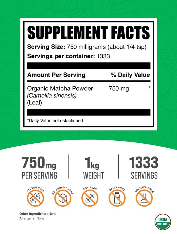 BulkSupplements.com Organic Matcha Powder - Matcha Powder for Latte, Culinary Grade Matcha - Organic &amp; Gluten Free, 750mg per Serving, 1kg (2.2 lbs) (Pack of 1)