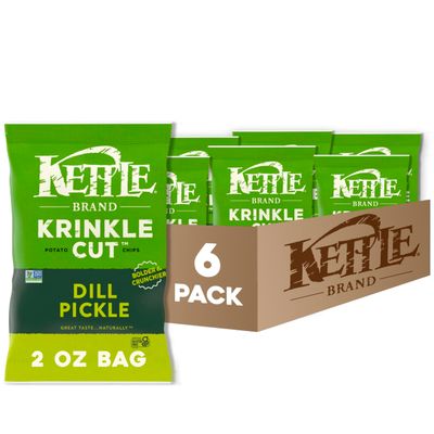 Kettle Brand Potato Chips, Krinkle Cut, Dill Pickle Kettle Chips, Snack Bag 2 Oz (Pack of 6)