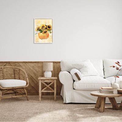 Stupell Industries Give Thanks Phrase Orange Pumpkin Sunflower Floral Burst White Framed Wall Art, 16 x 20, Yellow