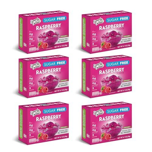 Simply Delish Plant Based Natural Raspberry Jel Dessert - 6 Pack - Zero Sugar, 0g Net Carbs, Gluten Free, Vegan, Diabetic &amp; Allergen Free