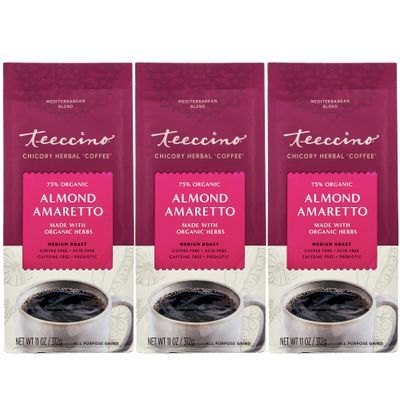 Teeccino Almond Amaretto Chicory Coffee Alternative - Ground Herbal Coffee Thats Prebiotic, Caffeine Free &amp; Acid Free, Medium Roast, 11 Ounce (Pack of 3)