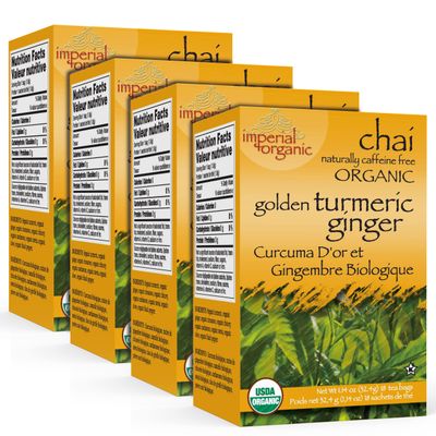 Uncle Lees Imperial Organic Chai Tea, Naturally Caffeine Free Golden Turmeric Ginger Tea, Organic Cinnamon, Chicory, Cardamom, Stevia, Clove &amp; Black Pepper, 4 Pack of 18 Tea Bags per Box