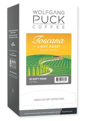 Wolfgang Puck Soft Coffee Pods Coffee 9.5 Gram Pack of 18 Each, Toscana, 108 Count, (Pack of 6)