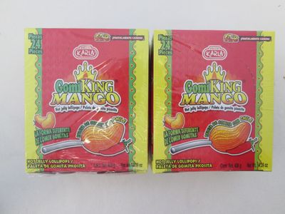 Dulces Karla Gomi King Mango Hot Jelly Lollipops 2 Boxe of 24 Pieces (48 Pieces)