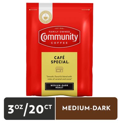 Community Coffee Caf Special, Medium Dark Roast Pre-Measured Coffee Pack, 3.0 Ounce Bag (Box of 20)
