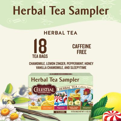Celestial Seasonings Herbal Tea Sampler Variety Pack, Caffeine Free, Great For Stocking Stuffer, 18 Tea Bags Box