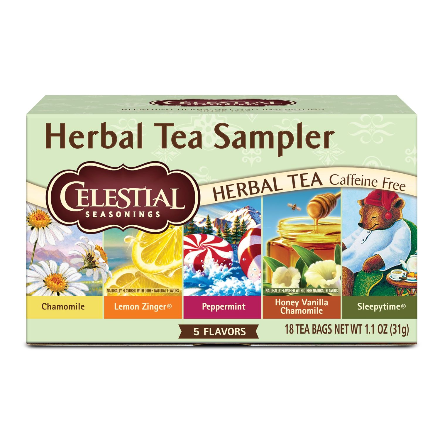 Celestial Seasonings Herbal Tea Sampler Variety Pack, Caffeine Free, Great For Stocking Stuffer, 18 Tea Bags Box
