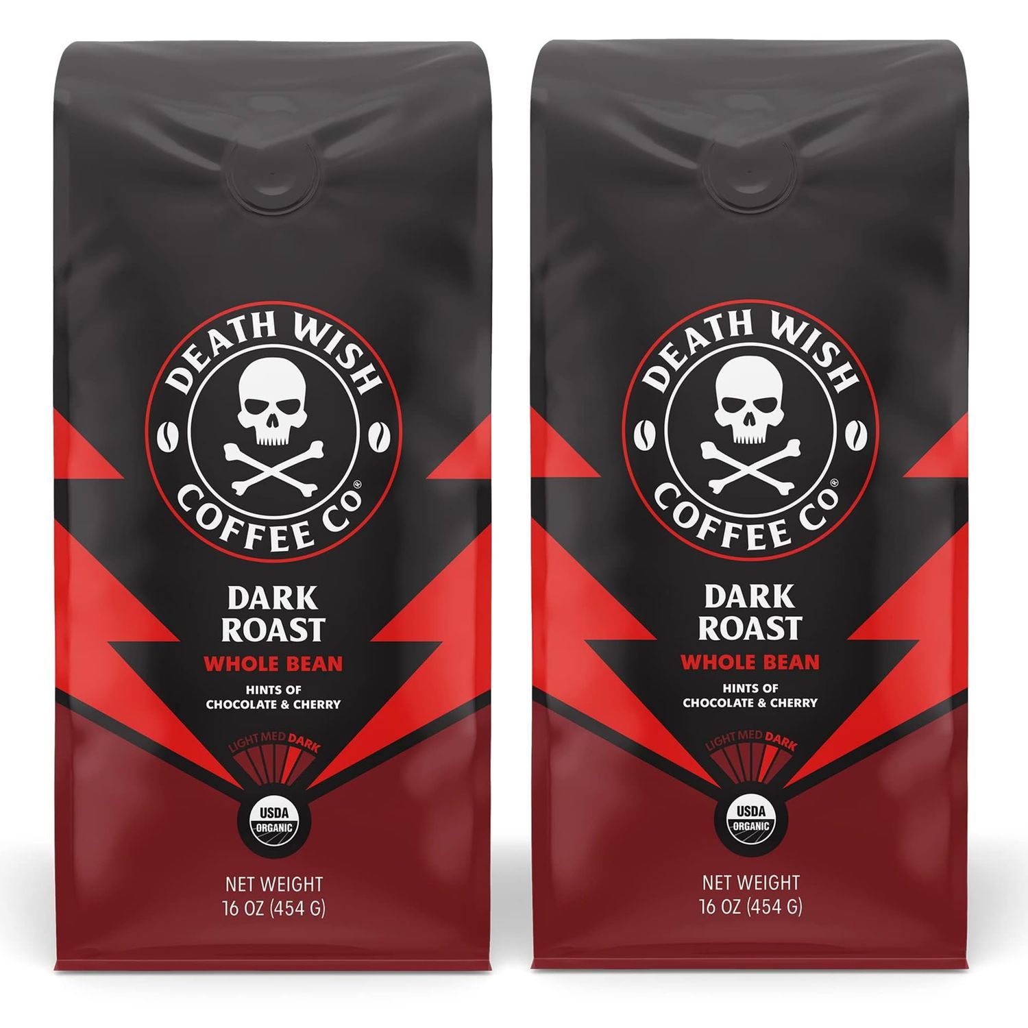 Death Wish Coffee Co. Whole Bean Dark Roast - USA Organic Coffee Beans Bundle/Bulk - Fair Trade Arabica &amp; Robusta Coffee - Real Dark Roast Coffee Beans 16 Ounce (Pack of 2)