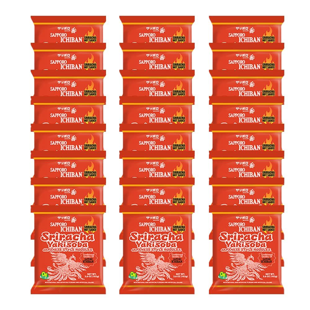 [SAPPORO ICHIBAN] Sriracha Yakisoba, Spicy Chow Mein, No. 1 Tasting Japanese Instant Noodles (3.6 Oz/102 g) (24 Packs)