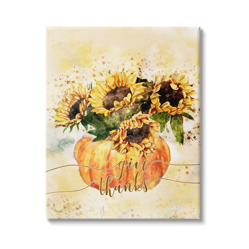 Stupell Industries Give Thanks Phrase Orange Pumpkin Sunflower Floral Burst Canvas Wall Art, 24 x 30, Yellow