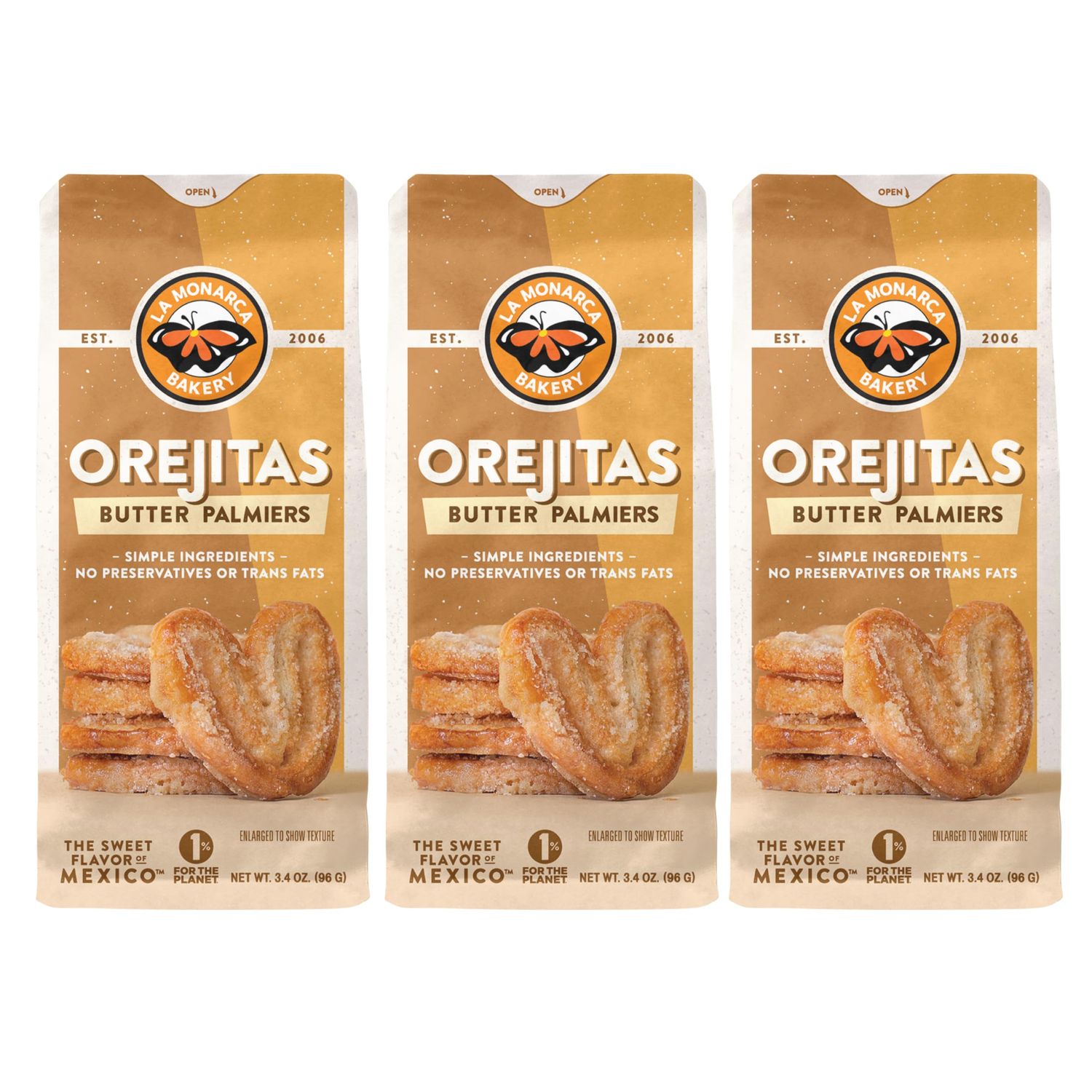 Orejitas Cookies, 3.4 Ounce (Pack of 3), Flaky and Crunchy Mexican Inspired Mini Palmiers made with Real Butter and Lightly Dusted with Sugar by La Monarca Bakery