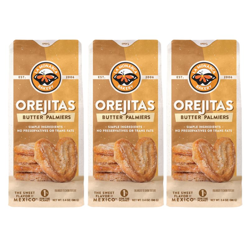 Orejitas Cookies, 3.4 Ounce (Pack of 3), Flaky and Crunchy Mexican Inspired Mini Palmiers made with Real Butter and Lightly Dusted with Sugar by La Monarca Bakery