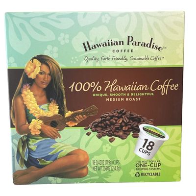 Hawaiian Paradise Coffee 100% Hawaiian Coffee Single Serve Cups- 18 Count- Medium Roast, Made in Hawaii - Compatible with Keurig