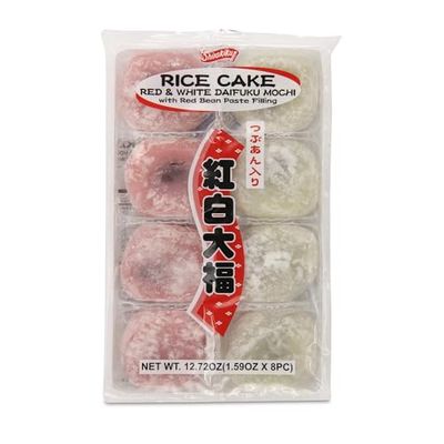Shirakiku Red and White Daifuku Mochi Rice Cake | Delight with Maltose, Glutinous Rice, Red Bean Filling | Perfect for Asian Snacking and Desserts | 12.72oz, (Pack of 1)