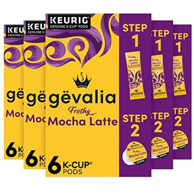 Gevalia Frothy 2-Step Mocha Latte Espresso K-Cup Coffee Pods &amp; Froth Packets Kit (36 ct Pack, 6 Boxes of 6 Pods with Packets )