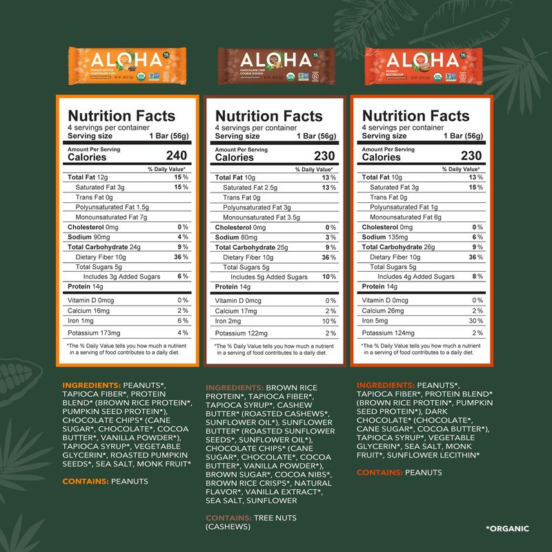 ALOHA Organic Plant Based Protein Bars - 3 Flavor Variety Pack - 12 Count, 1.9oz Bars - Vegan Snacks, Low Sugar, Gluten-Free, Low Carb, Paleo, Non-GMO, Stevia-Free, No Sugar Alcohol Sweeteners