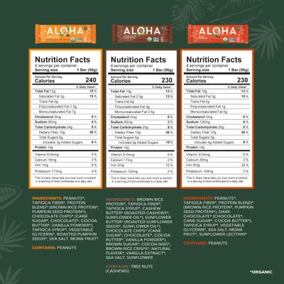ALOHA Organic Plant Based Protein Bars - 3 Flavor Variety Pack - 12 Count, 1.9oz Bars - Vegan Snacks, Low Sugar, Gluten-Free, Low Carb, Paleo, Non-GMO, Stevia-Free, No Sugar Alcohol Sweeteners