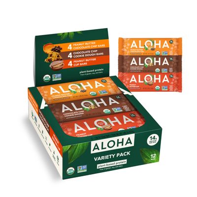 ALOHA Organic Plant Based Protein Bars - 3 Flavor Variety Pack - 12 Count, 1.9oz Bars - Vegan Snacks, Low Sugar, Gluten-Free, Low Carb, Paleo, Non-GMO, Stevia-Free, No Sugar Alcohol Sweeteners