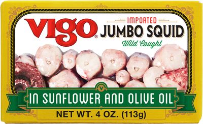 Vigo Premium Imported Canned Seafood, Jumbo Squid in Sunflower &amp; Olive Oil, Specialty Flavored, Perfect for Recipes and Dishes (Jumbo Squid in Sunflower &amp; Olive Oil, 4 Ounce (Pack of 10))