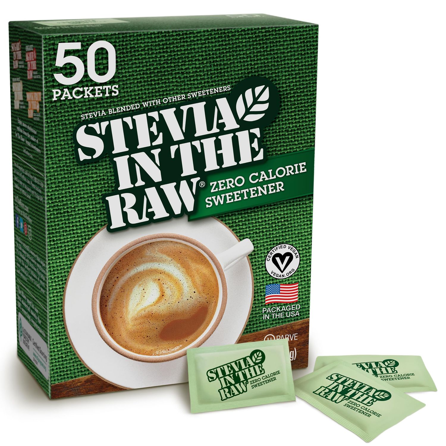 Stevia In The Raw, Plant Based Zero Calorie Sweetener, Sugar Substitute, Sugar-Free Sweetener For Coffee, Hot &amp; Cold Drinks, Suitable For Diabetics, Vegan, Gluten-Free, 50 Count Packets (Pack of 1)