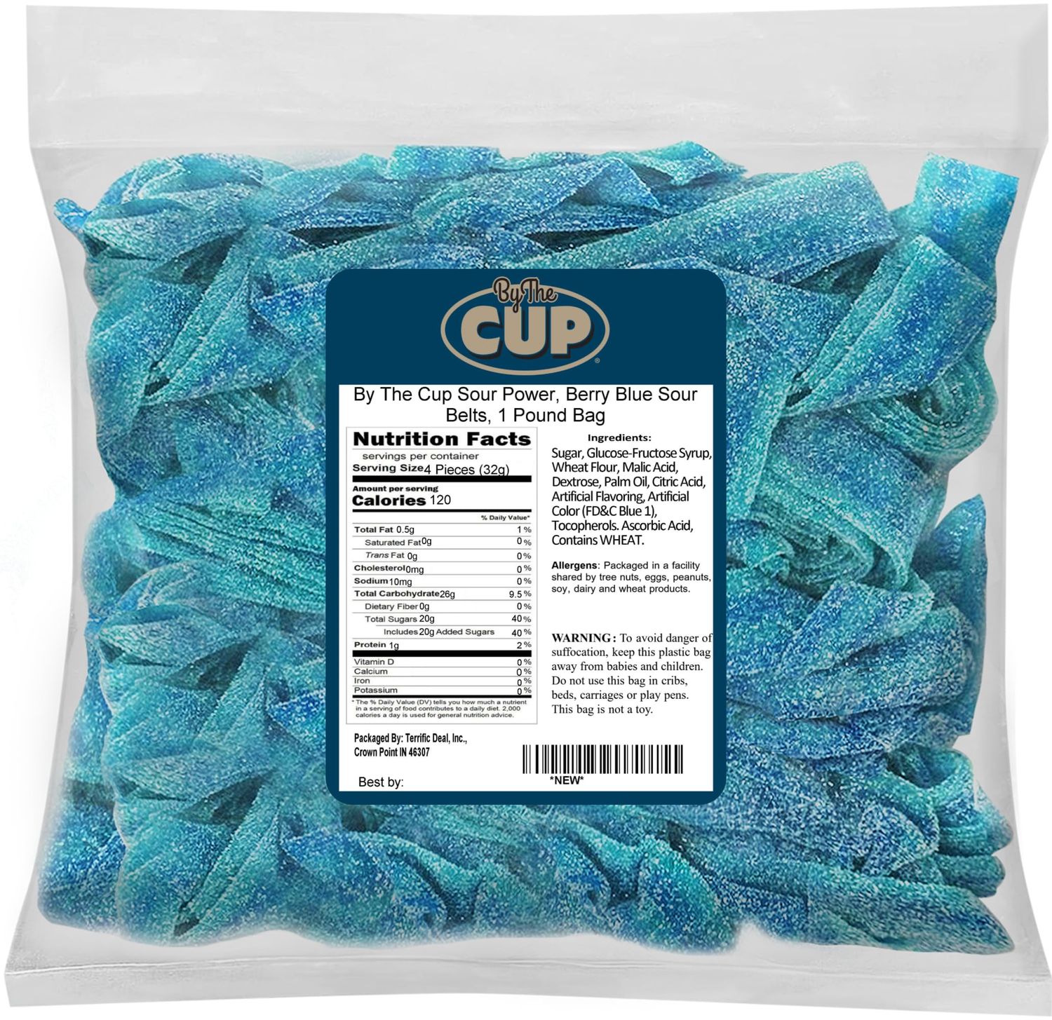 By The Cup Sour Power Berry Blue Sour Belts, 1 lb Bulk Bag