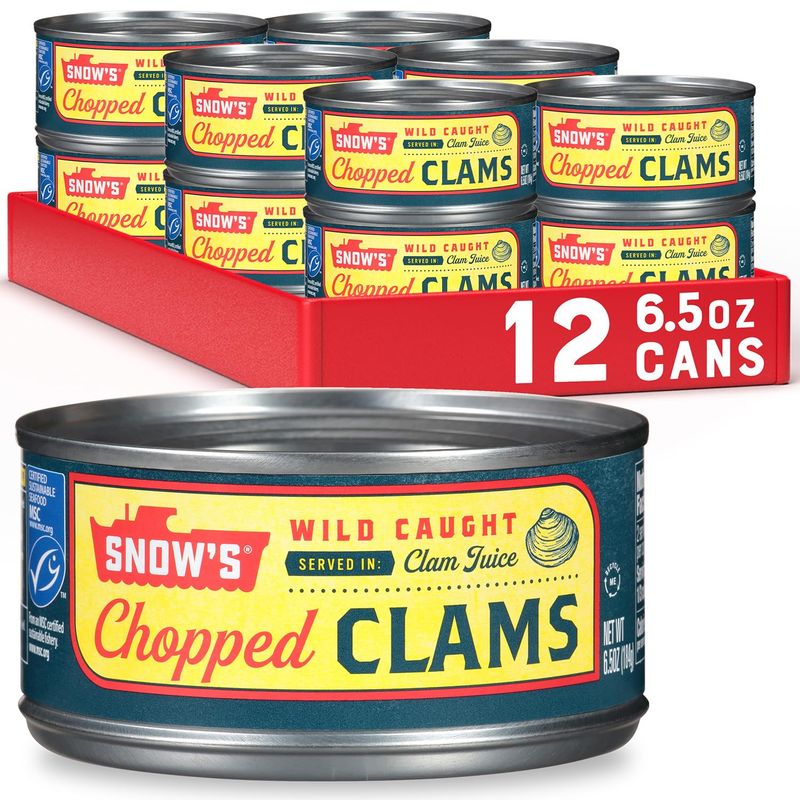 Snow&#39;s Wild Caught Chopped Clams Canned, 6.5 oz Can (Pack of 12) - 5g Protein Per Serving - Gluten Free, Keto Friendly, 99% Fat Free