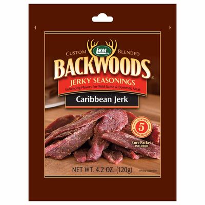 LEM Products Backwoods Caribbean Jerk Jerky Seasoning, Ideal for Wild Game and Domestic Meat, Seasons Up to 5 Pounds of Meat, 4.2 Ounce Packet with Pre-Measured Cure Packet Included