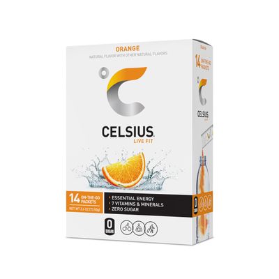 CELSIUS On-the-Go Powder Stick Zero Sugar (14 Sticks per Pack), Orange, 2.60 Oz