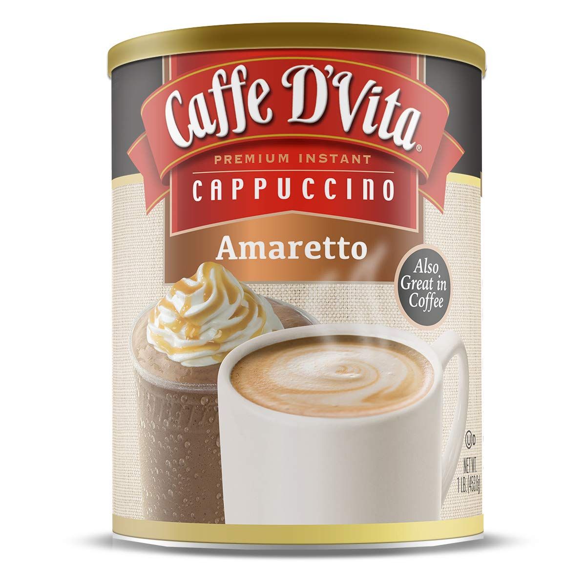 Caffe D&#39;Vita Amaretto Cappuccino Mix - No Cholesterol, No Trans Fat, 99% Caffeine Free, Gluten Free, Instant Cappuccino Mix - 1 lb. can (16 oz.)