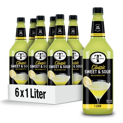 Mr &amp; Mrs T Sweet &amp; Sour Mix, 1 L bottle (Pack of 6), Sweet and Sour Blend Flavored Cocktail Mixer, Made with Cane Sugar, Perfect for Cocktails and Mocktail Drinks