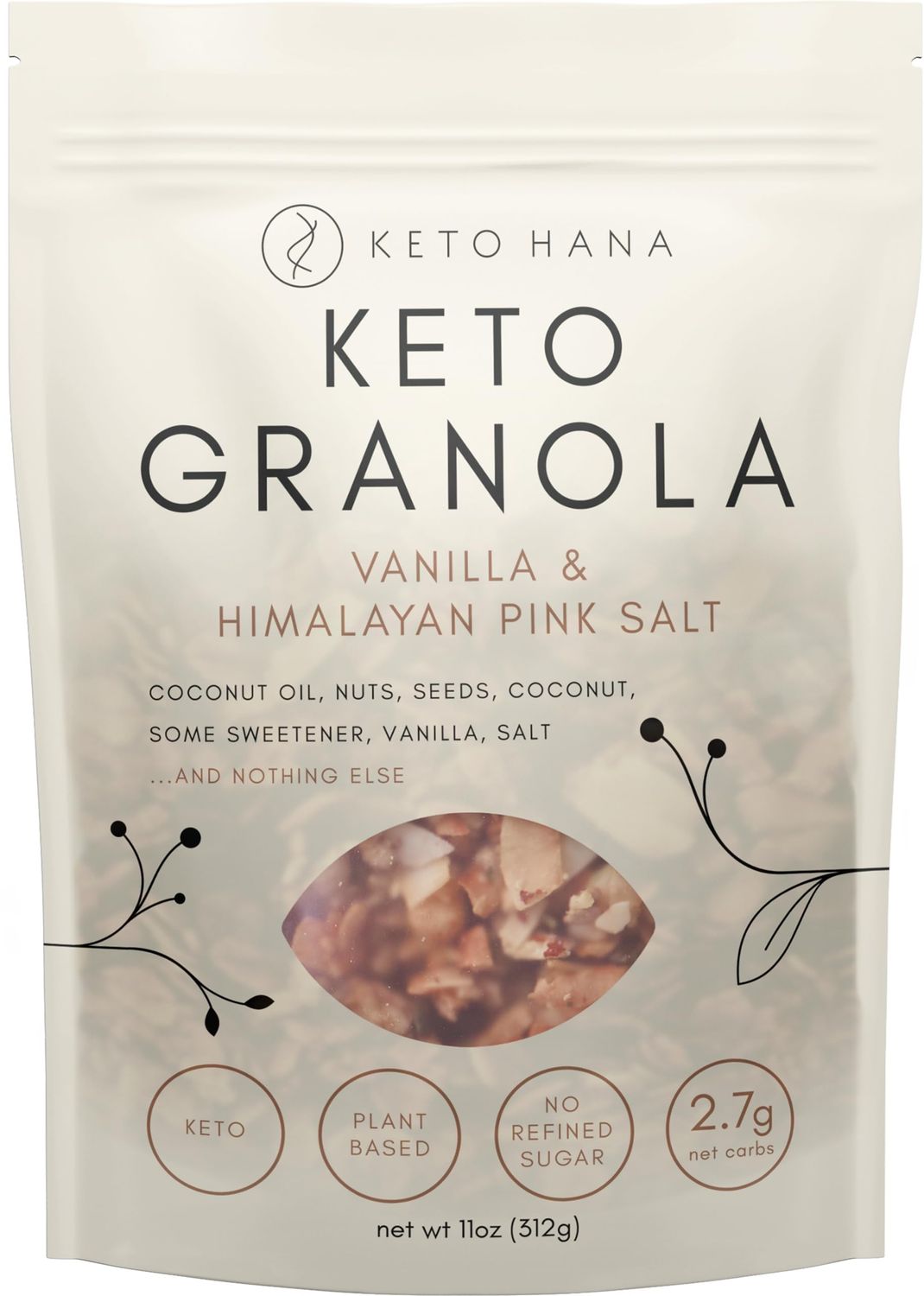 Keto Hana Vanilla &amp; Pink Himalayan Salt Keto Granola Breakfast Cereal with just 2.7g Net Carbs (11oz) Low Carb, High Protein Snack