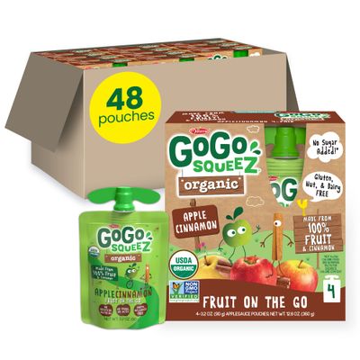 GoGo squeeZ Organic Fruit on the Go, Apple Cinnamon, 3.2 oz. (48 Pouches) - Tasty Kids Applesauce Snacks Made from Organic Apples &amp; Cinnamon - Gluten Free Snacks - Nut &amp; Dairy Free - Vegan Snacks