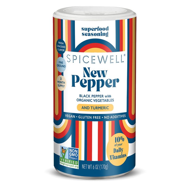 Spicewell New Pepper | Ayurvedic Black Pepper infused with Turmeric and 21 Plant-Based Vitamins and Minerals, Fine Ground Warm Black Pepper, 6oz Shaker