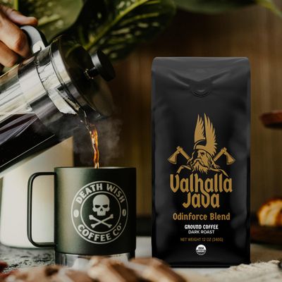 Death Wish Coffee Valhalla Java Dark Roast Ground Coffee, 12 Oz, Bold &amp; Intense Blend of Arabica Robusta Beans, USDA Organic