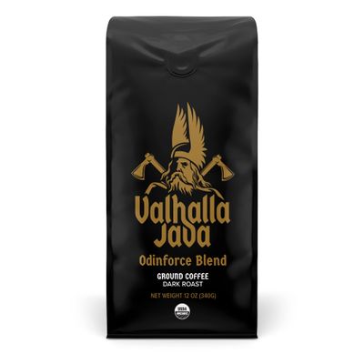 Death Wish Coffee Valhalla Java Dark Roast Ground Coffee, 12 Oz, Bold &amp; Intense Blend of Arabica Robusta Beans, USDA Organic
