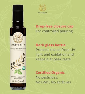 Basil Olive Oil Organic from Puglia, Italy. Basil Extra Virgin Olive Oil from a single source. Organic Basil infused Extra Virgin Olive Oil - COSTABILE 8.45 Fl. Oz.