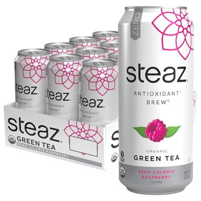 Steaz - Organic Green Tea - Zero Calorie Raspberry (12 Pack) - Antioxidant Brew - 65mg Natural Caffeine, Vitamin C - Stevia Sweetened Iced Tea - Vegan, Fair Trade - 12 Cans, 16 fl oz (473mL)