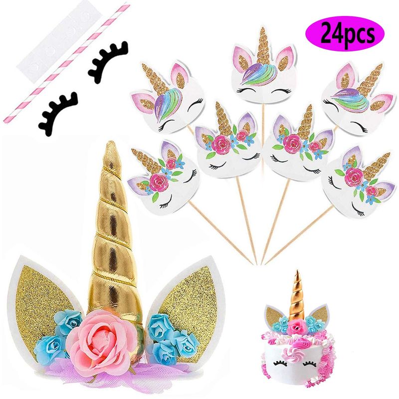 Unicorn Cake Topper with Eyelashes and 24 Pieces Double Sided Unicorn Cupcake Toppers set for Birthday Party Supplies, Wedding, Baby Shower