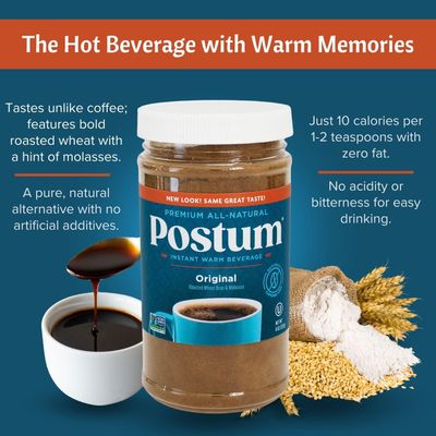 Postum Original Coffee Substitute Caffeine Free Delight with Roasted Wheat Bran &amp; Molasses (2 x 8oz) | Natural, Non-GMO, Vegan &amp; Healthy Coffee Alternative Caffeine Free