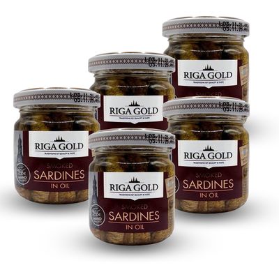 Riga Gold Smoked Sardines in Oil, 100g Jar Kosher Certified (Pack 5)
