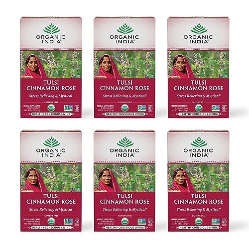 ORGANIC INDIA Tulsi Cinnamon Rose Tea Bags - Tulsi Rose Tea Bags, Cinnamon Tea Bags with Holy Basil, Chamomile, Stevia, USDA Certified Organic Caffeine Free Herbal Tea - 18 Infusion Bags, 6 Pack