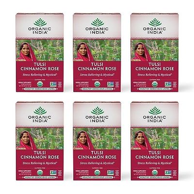 ORGANIC INDIA Tulsi Cinnamon Rose Tea Bags - Tulsi Rose Tea Bags, Cinnamon Tea Bags with Holy Basil, Chamomile, Stevia, USDA Certified Organic Caffeine Free Herbal Tea - 18 Infusion Bags, 6 Pack