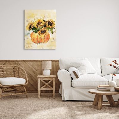 Stupell Industries Give Thanks Phrase Orange Pumpkin Sunflower Floral Burst Canvas Wall Art, 30 x 40, Yellow