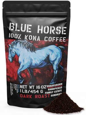 Farm-fresh: 100% Kona Coffee 16 oz (1 Lb) Bag - Dark Roast Arabica GROUND - Blue Horse 100% Kona Coffee From Hawaii