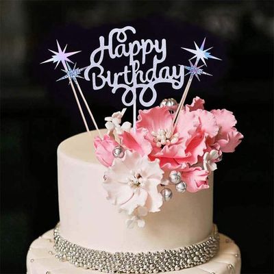 YUINYO Silver Glitter Happy Birthday Cake Topper Cake Toppers Happy Birthday Cake Bunting Birthday Party Decoration