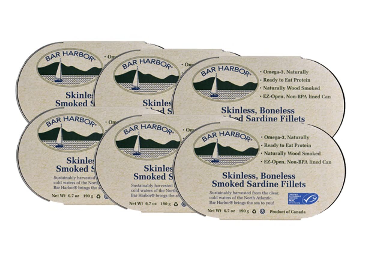 Bar Harbor Skinless Boneless Smoked Sardine Fillets, 6.7-Ounce (Pack of 6)